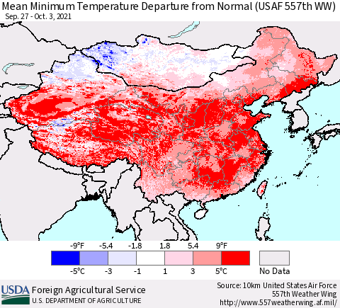 China, Mongolia and Taiwan Mean Minimum Temperature Departure from Normal (USAF 557th WW) Thematic Map For 9/27/2021 - 10/3/2021