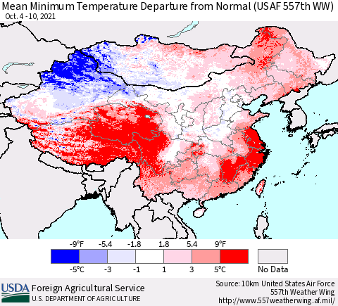 China, Mongolia and Taiwan Mean Minimum Temperature Departure from Normal (USAF 557th WW) Thematic Map For 10/4/2021 - 10/10/2021