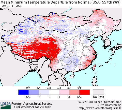 China, Mongolia and Taiwan Mean Minimum Temperature Departure from Normal (USAF 557th WW) Thematic Map For 10/11/2021 - 10/17/2021