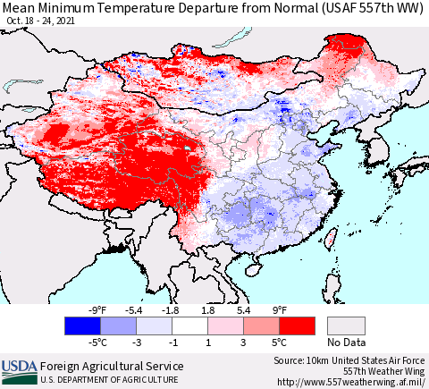 China, Mongolia and Taiwan Mean Minimum Temperature Departure from Normal (USAF 557th WW) Thematic Map For 10/18/2021 - 10/24/2021