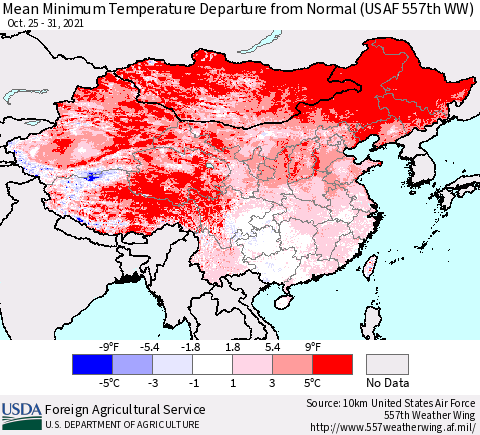China, Mongolia and Taiwan Mean Minimum Temperature Departure from Normal (USAF 557th WW) Thematic Map For 10/25/2021 - 10/31/2021