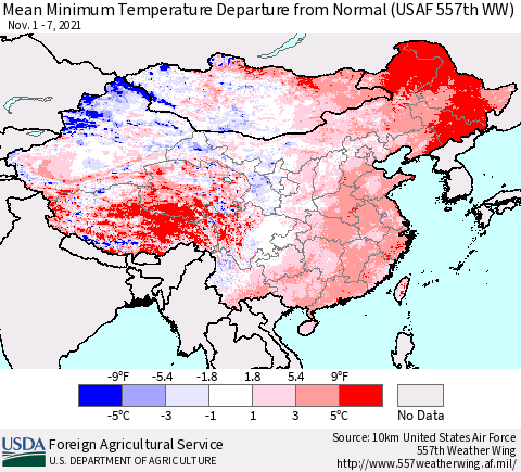China, Mongolia and Taiwan Mean Minimum Temperature Departure from Normal (USAF 557th WW) Thematic Map For 11/1/2021 - 11/7/2021