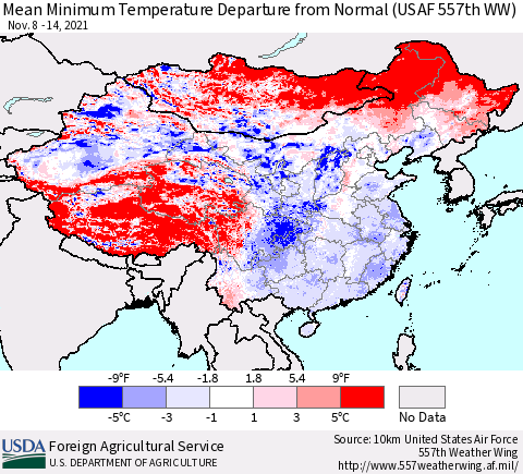 China, Mongolia and Taiwan Mean Minimum Temperature Departure from Normal (USAF 557th WW) Thematic Map For 11/8/2021 - 11/14/2021