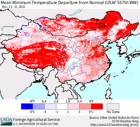 China, Mongolia and Taiwan Mean Minimum Temperature Departure from Normal (USAF 557th WW) Thematic Map For 11/15/2021 - 11/21/2021
