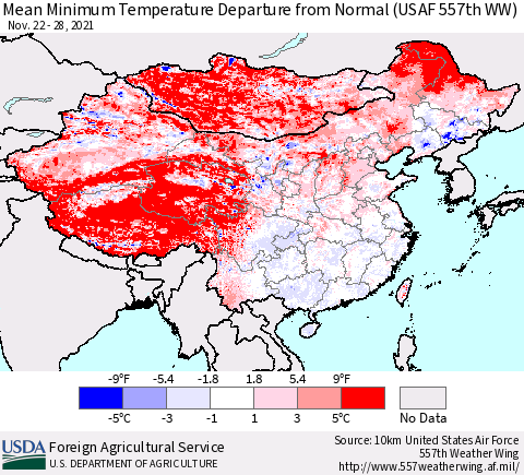 China, Mongolia and Taiwan Mean Minimum Temperature Departure from Normal (USAF 557th WW) Thematic Map For 11/22/2021 - 11/28/2021