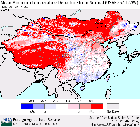China, Mongolia and Taiwan Mean Minimum Temperature Departure from Normal (USAF 557th WW) Thematic Map For 11/29/2021 - 12/5/2021