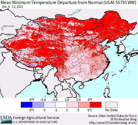 China, Mongolia and Taiwan Mean Minimum Temperature Departure from Normal (USAF 557th WW) Thematic Map For 12/6/2021 - 12/12/2021