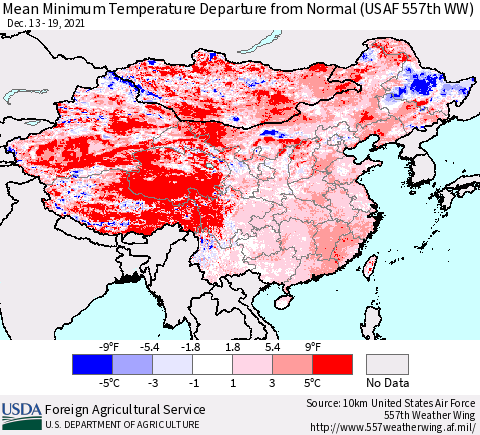 China, Mongolia and Taiwan Mean Minimum Temperature Departure from Normal (USAF 557th WW) Thematic Map For 12/13/2021 - 12/19/2021