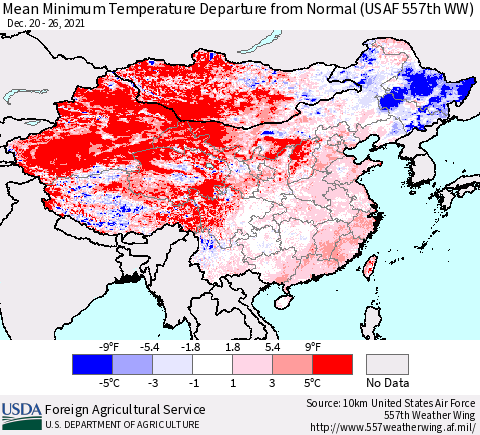China, Mongolia and Taiwan Mean Minimum Temperature Departure from Normal (USAF 557th WW) Thematic Map For 12/20/2021 - 12/26/2021