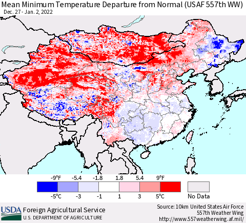 China, Mongolia and Taiwan Mean Minimum Temperature Departure from Normal (USAF 557th WW) Thematic Map For 12/27/2021 - 1/2/2022