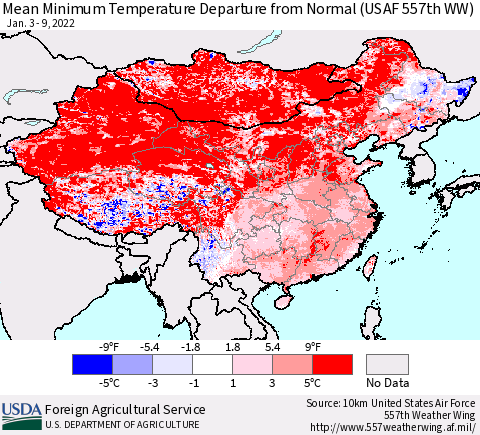 China, Mongolia and Taiwan Mean Minimum Temperature Departure from Normal (USAF 557th WW) Thematic Map For 1/3/2022 - 1/9/2022