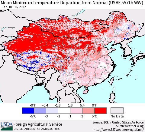 China, Mongolia and Taiwan Mean Minimum Temperature Departure from Normal (USAF 557th WW) Thematic Map For 1/10/2022 - 1/16/2022