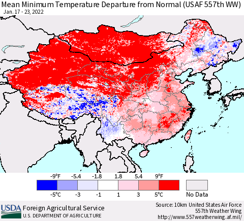 China, Mongolia and Taiwan Mean Minimum Temperature Departure from Normal (USAF 557th WW) Thematic Map For 1/17/2022 - 1/23/2022