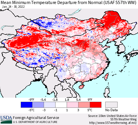 China, Mongolia and Taiwan Mean Minimum Temperature Departure from Normal (USAF 557th WW) Thematic Map For 1/24/2022 - 1/30/2022