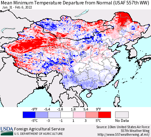 China, Mongolia and Taiwan Mean Minimum Temperature Departure from Normal (USAF 557th WW) Thematic Map For 1/31/2022 - 2/6/2022