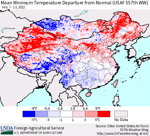 China, Mongolia and Taiwan Mean Minimum Temperature Departure from Normal (USAF 557th WW) Thematic Map For 2/7/2022 - 2/13/2022