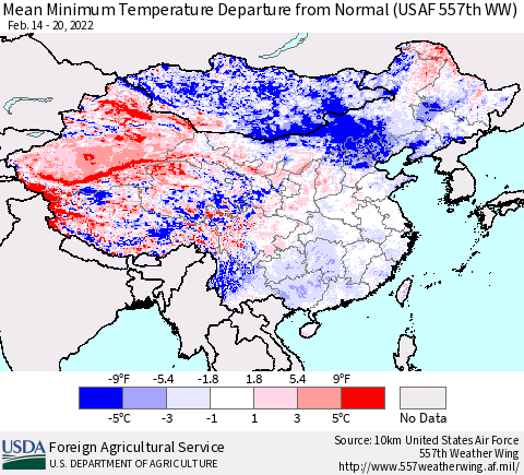 China, Mongolia and Taiwan Mean Minimum Temperature Departure from Normal (USAF 557th WW) Thematic Map For 2/14/2022 - 2/20/2022