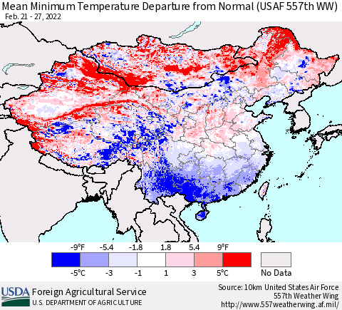 China, Mongolia and Taiwan Mean Minimum Temperature Departure from Normal (USAF 557th WW) Thematic Map For 2/21/2022 - 2/27/2022