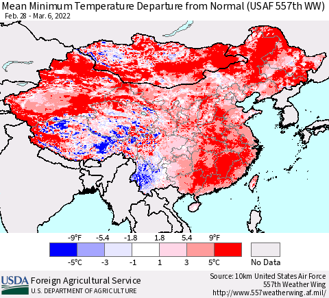 China, Mongolia and Taiwan Mean Minimum Temperature Departure from Normal (USAF 557th WW) Thematic Map For 2/28/2022 - 3/6/2022
