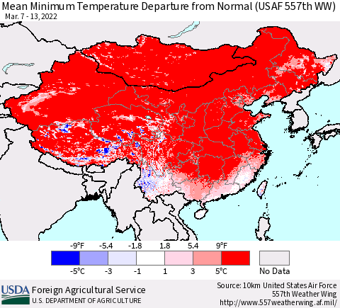 China, Mongolia and Taiwan Mean Minimum Temperature Departure from Normal (USAF 557th WW) Thematic Map For 3/7/2022 - 3/13/2022
