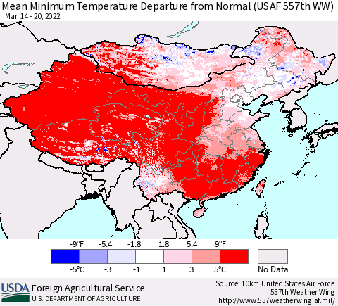 China, Mongolia and Taiwan Mean Minimum Temperature Departure from Normal (USAF 557th WW) Thematic Map For 3/14/2022 - 3/20/2022