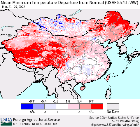 China, Mongolia and Taiwan Mean Minimum Temperature Departure from Normal (USAF 557th WW) Thematic Map For 3/21/2022 - 3/27/2022
