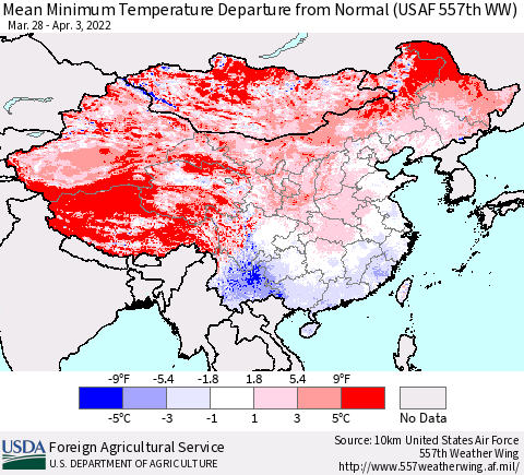 China, Mongolia and Taiwan Mean Minimum Temperature Departure from Normal (USAF 557th WW) Thematic Map For 3/28/2022 - 4/3/2022