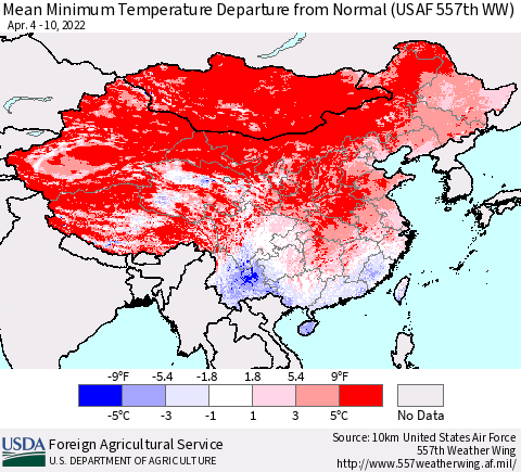 China, Mongolia and Taiwan Mean Minimum Temperature Departure from Normal (USAF 557th WW) Thematic Map For 4/4/2022 - 4/10/2022
