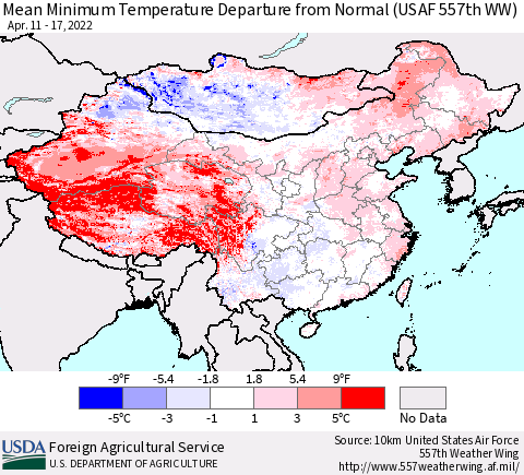 China, Mongolia and Taiwan Mean Minimum Temperature Departure from Normal (USAF 557th WW) Thematic Map For 4/11/2022 - 4/17/2022
