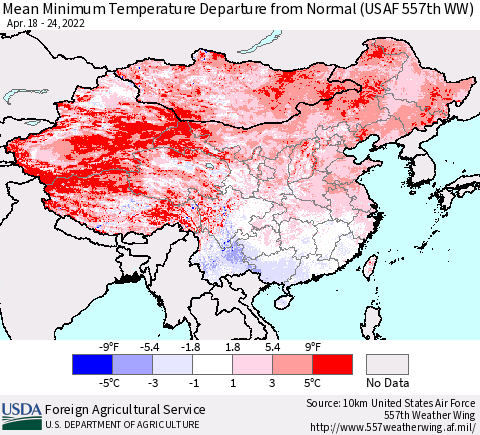 China, Mongolia and Taiwan Mean Minimum Temperature Departure from Normal (USAF 557th WW) Thematic Map For 4/18/2022 - 4/24/2022
