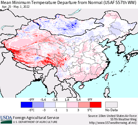 China, Mongolia and Taiwan Mean Minimum Temperature Departure from Normal (USAF 557th WW) Thematic Map For 4/25/2022 - 5/1/2022