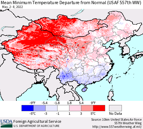 China, Mongolia and Taiwan Mean Minimum Temperature Departure from Normal (USAF 557th WW) Thematic Map For 5/2/2022 - 5/8/2022
