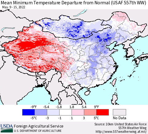 China, Mongolia and Taiwan Mean Minimum Temperature Departure from Normal (USAF 557th WW) Thematic Map For 5/9/2022 - 5/15/2022