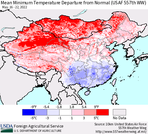 China, Mongolia and Taiwan Mean Minimum Temperature Departure from Normal (USAF 557th WW) Thematic Map For 5/16/2022 - 5/22/2022