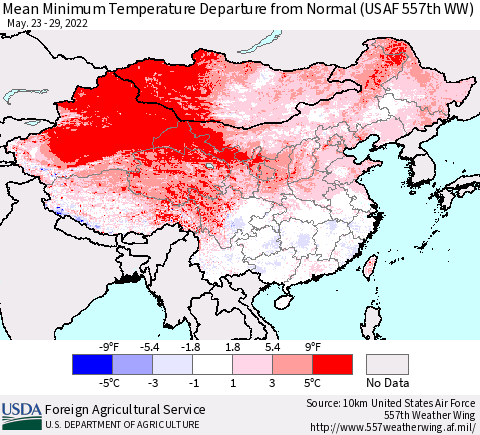 China, Mongolia and Taiwan Mean Minimum Temperature Departure from Normal (USAF 557th WW) Thematic Map For 5/23/2022 - 5/29/2022