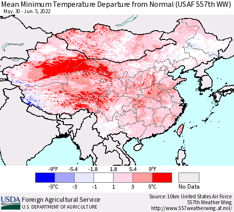 China, Mongolia and Taiwan Mean Minimum Temperature Departure from Normal (USAF 557th WW) Thematic Map For 5/30/2022 - 6/5/2022
