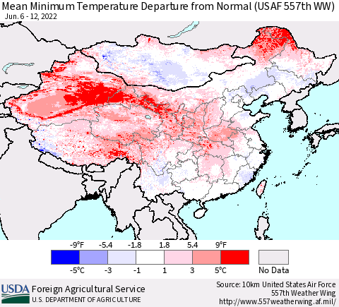 China, Mongolia and Taiwan Mean Minimum Temperature Departure from Normal (USAF 557th WW) Thematic Map For 6/6/2022 - 6/12/2022