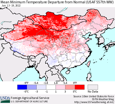 China, Mongolia and Taiwan Mean Minimum Temperature Departure from Normal (USAF 557th WW) Thematic Map For 6/13/2022 - 6/19/2022