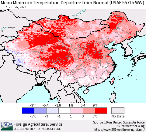 China, Mongolia and Taiwan Mean Minimum Temperature Departure from Normal (USAF 557th WW) Thematic Map For 6/20/2022 - 6/26/2022