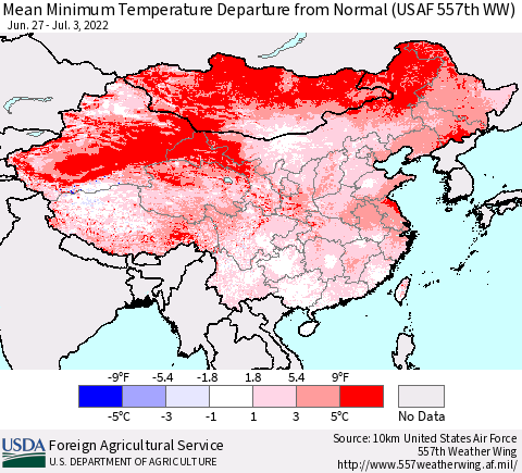 China, Mongolia and Taiwan Mean Minimum Temperature Departure from Normal (USAF 557th WW) Thematic Map For 6/27/2022 - 7/3/2022