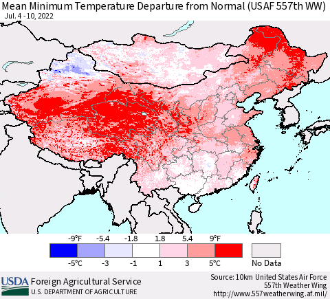 China, Mongolia and Taiwan Mean Minimum Temperature Departure from Normal (USAF 557th WW) Thematic Map For 7/4/2022 - 7/10/2022