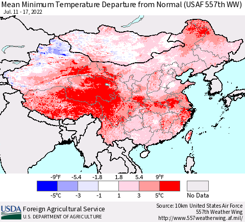 China, Mongolia and Taiwan Mean Minimum Temperature Departure from Normal (USAF 557th WW) Thematic Map For 7/11/2022 - 7/17/2022