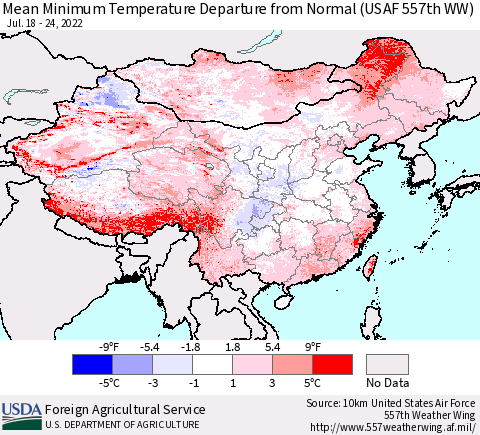 China, Mongolia and Taiwan Mean Minimum Temperature Departure from Normal (USAF 557th WW) Thematic Map For 7/18/2022 - 7/24/2022
