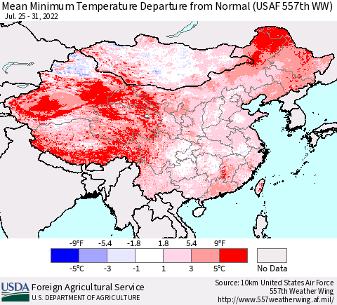 China, Mongolia and Taiwan Mean Minimum Temperature Departure from Normal (USAF 557th WW) Thematic Map For 7/25/2022 - 7/31/2022