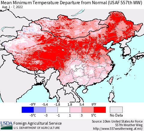 China, Mongolia and Taiwan Mean Minimum Temperature Departure from Normal (USAF 557th WW) Thematic Map For 8/1/2022 - 8/7/2022