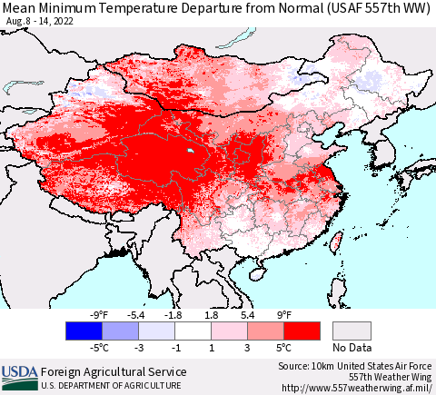 China, Mongolia and Taiwan Mean Minimum Temperature Departure from Normal (USAF 557th WW) Thematic Map For 8/8/2022 - 8/14/2022