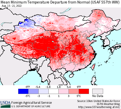 China, Mongolia and Taiwan Mean Minimum Temperature Departure from Normal (USAF 557th WW) Thematic Map For 8/15/2022 - 8/21/2022