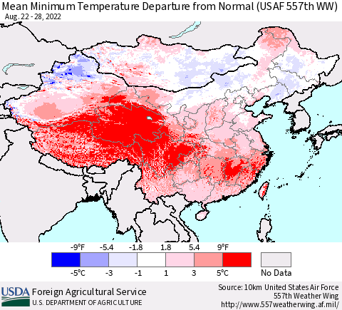 China, Mongolia and Taiwan Mean Minimum Temperature Departure from Normal (USAF 557th WW) Thematic Map For 8/22/2022 - 8/28/2022