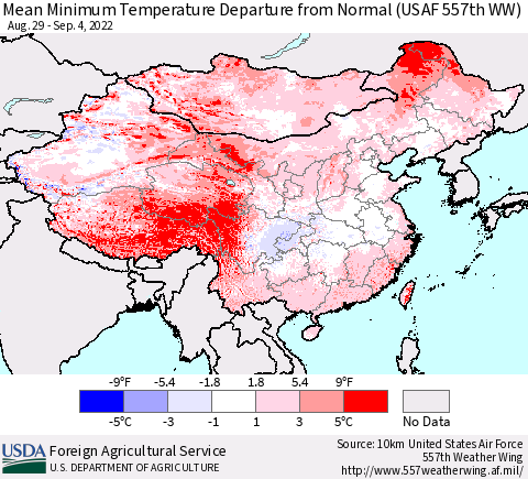 China, Mongolia and Taiwan Mean Minimum Temperature Departure from Normal (USAF 557th WW) Thematic Map For 8/29/2022 - 9/4/2022