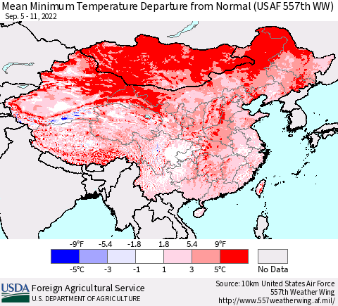 China, Mongolia and Taiwan Mean Minimum Temperature Departure from Normal (USAF 557th WW) Thematic Map For 9/5/2022 - 9/11/2022